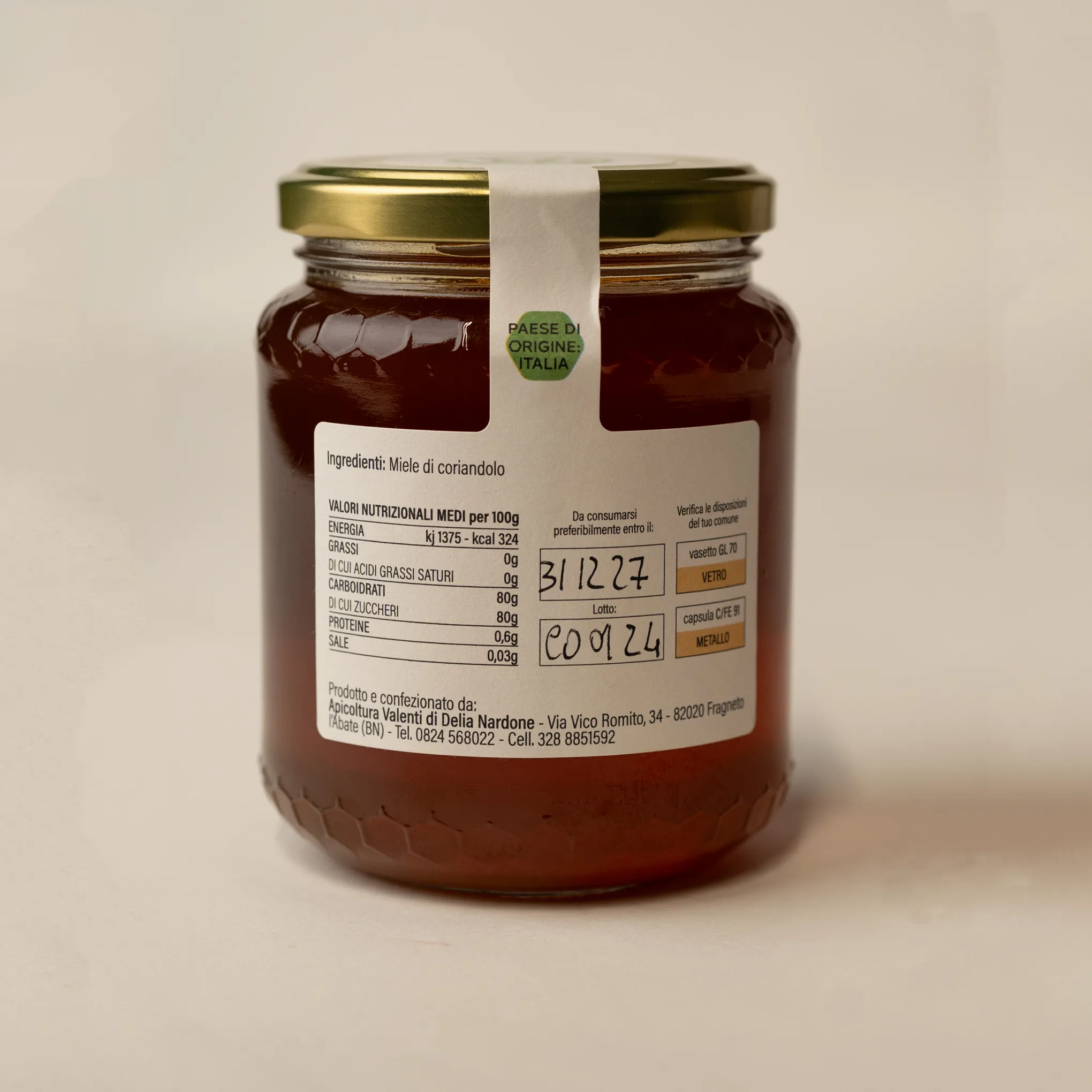 Miele di Coriandolo Valori Apicoltura Valenti